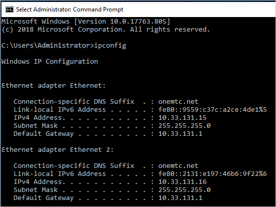 Utdata från det partiella kommandot ipconfig visar två Ethernet-kort i samma undernät. IP-adresserna är 10.33.131.15 och 10.33.131.16.