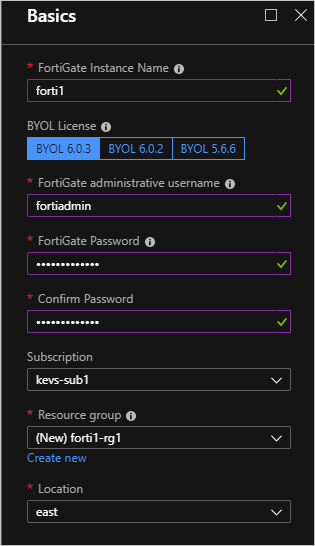 The text boxes (such as Instance Name and BYOL License) of the Basics dialog box have been filled in with values from the Deployment Table.