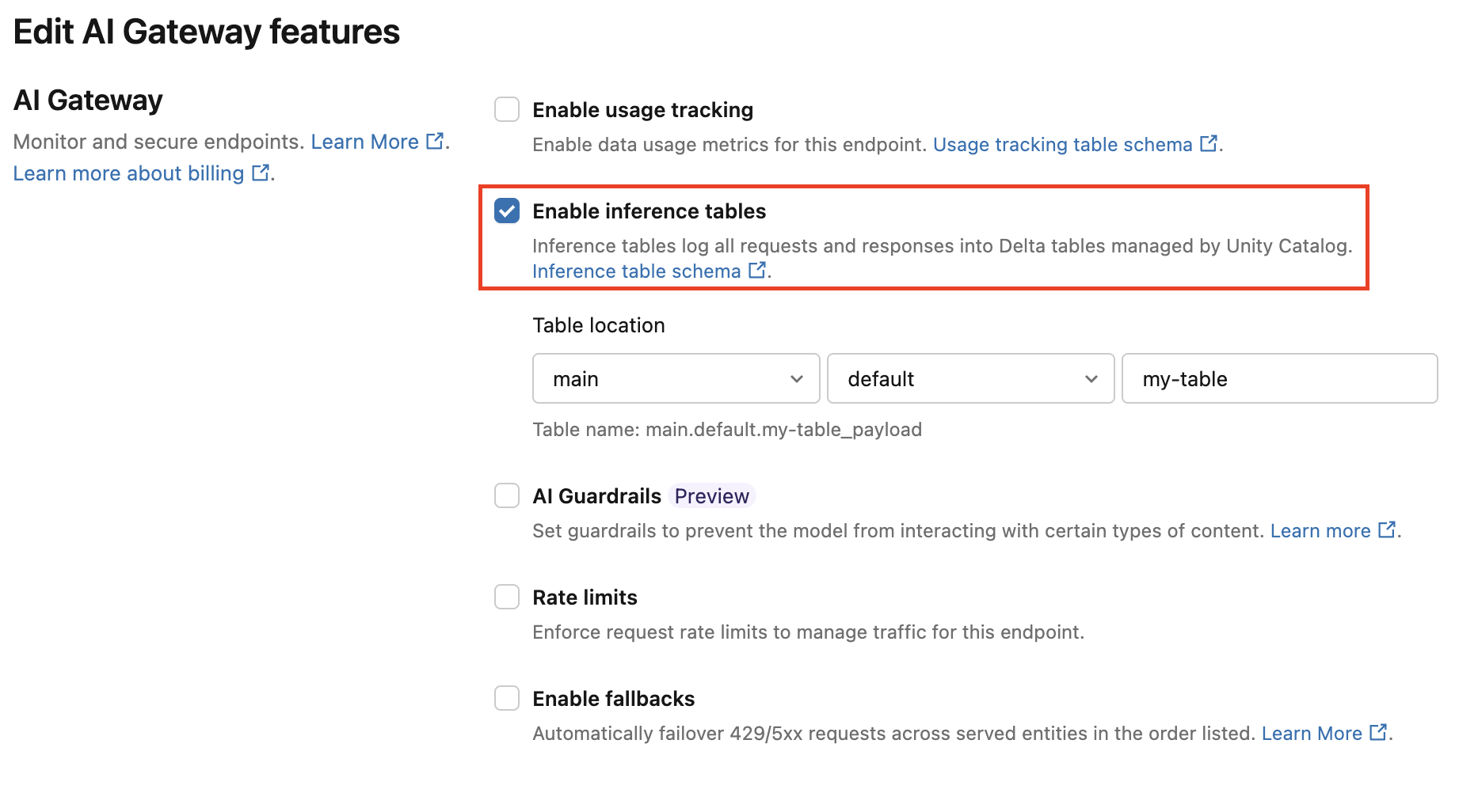 Exempel på skärmbild för att aktivera tabellen för AI Gateway-slutsatsdragning
