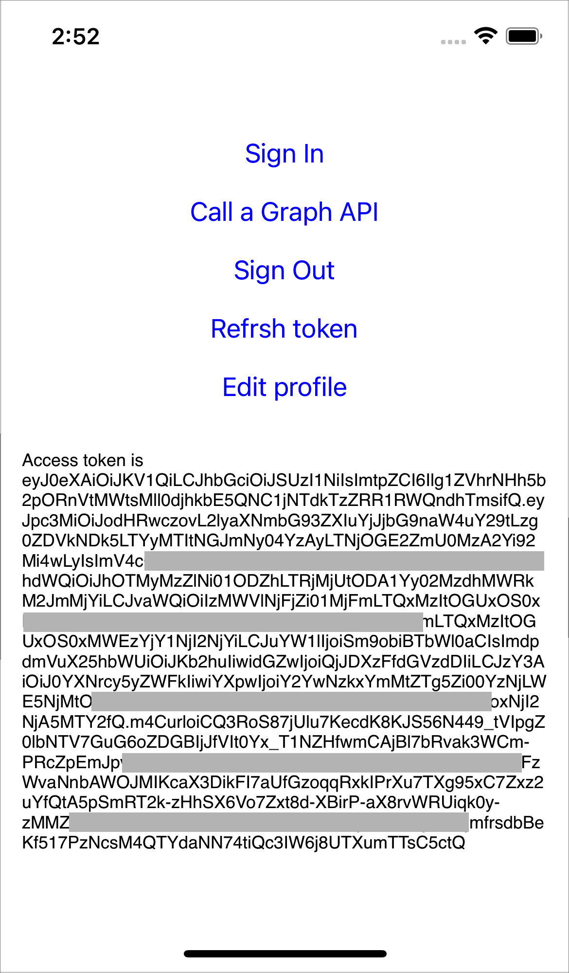 Skärmbild som visar Azure AD B2C-åtkomsttoken och användar-ID.
