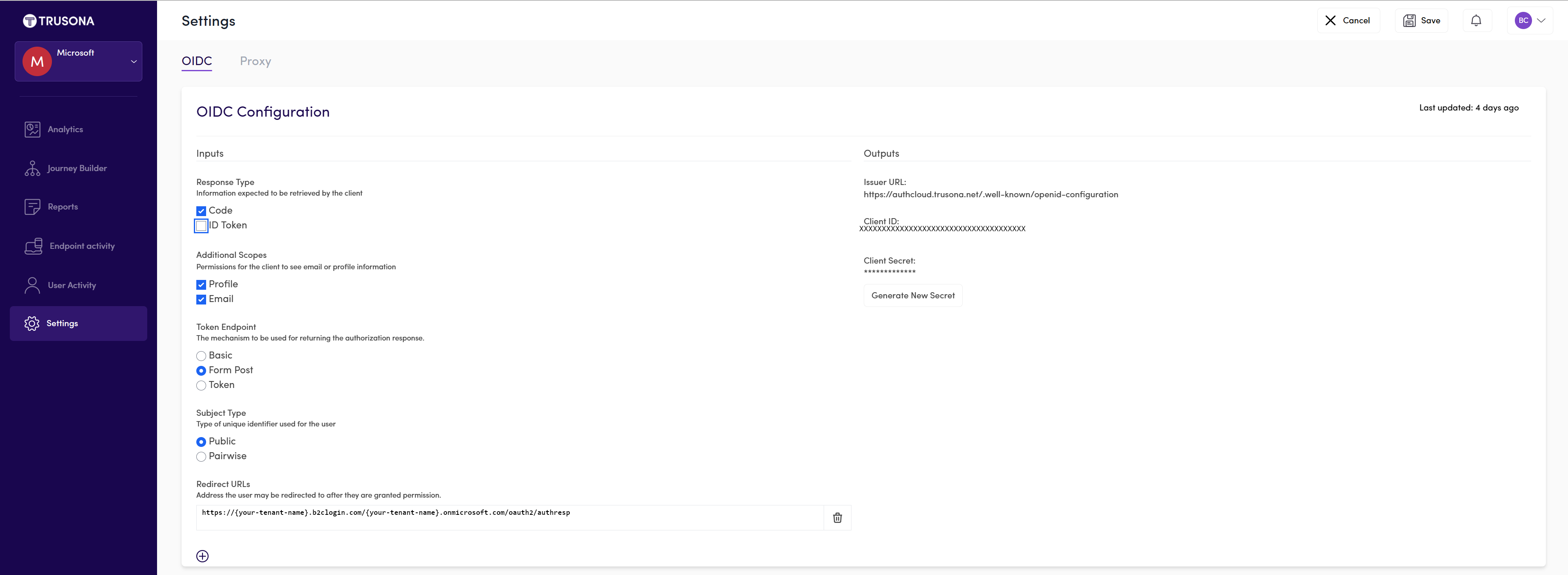 Screenshot shows Trusona Authentication Cloud portal settings.