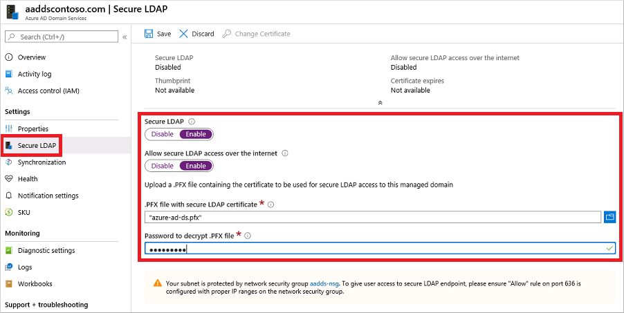 Aktivera säkert LDAP för en hanterad domän i Azure Portal