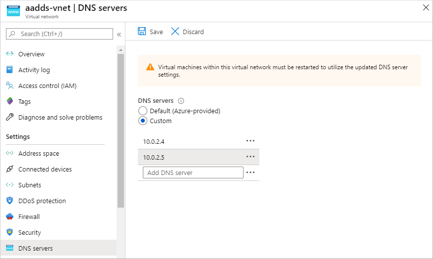 Configure the virtual network DNS servers to use the Azure AD DS domain controllers