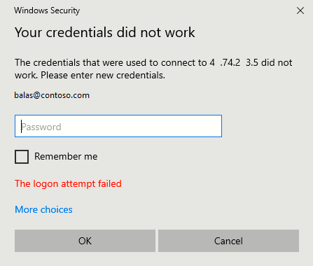 Screenshot of the message that says your credentials did not work.