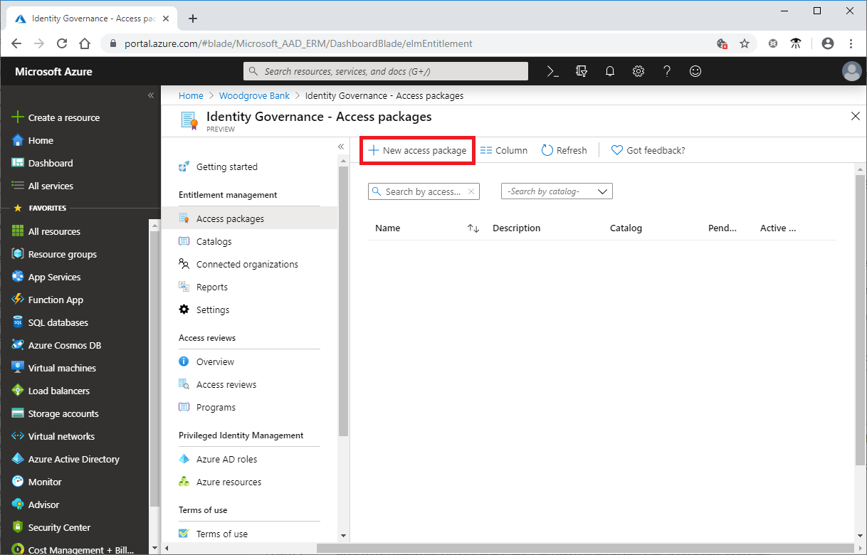 Skärmbild som visar knappen för att skapa ett nytt åtkomstpaket i administrationscentret för Microsoft Entra.