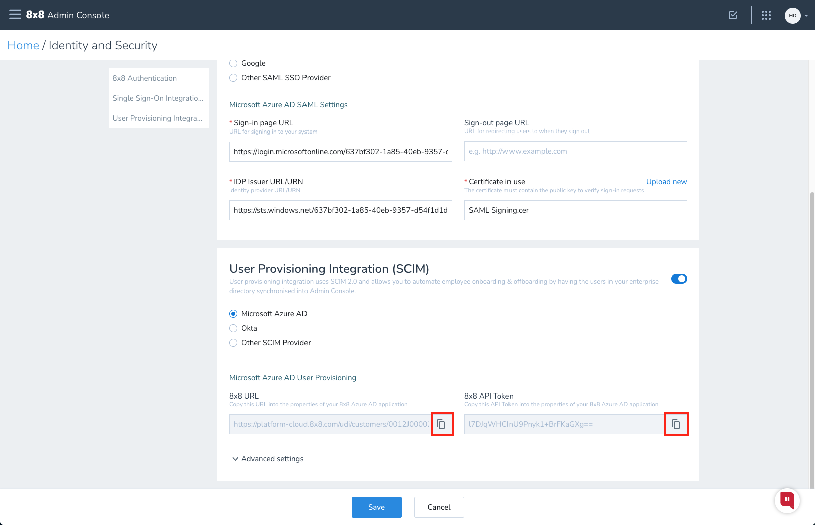 Screenshot showing the Identity and Security page of the Admin Console with callout over token fields.