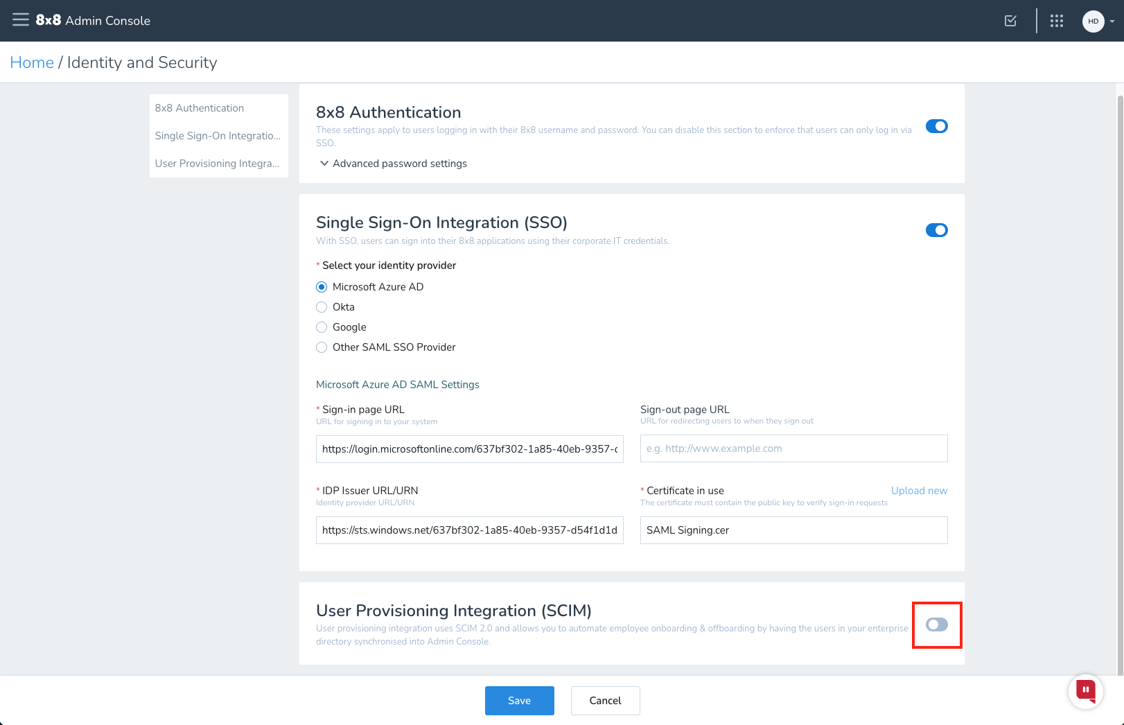 Screenshot showing the Identity and Security page of the Admin Console with a callout over the user provisioning integration slider.