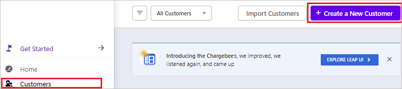 Screenshot shows Chargebee site with Customers and Create a New Customer selected.