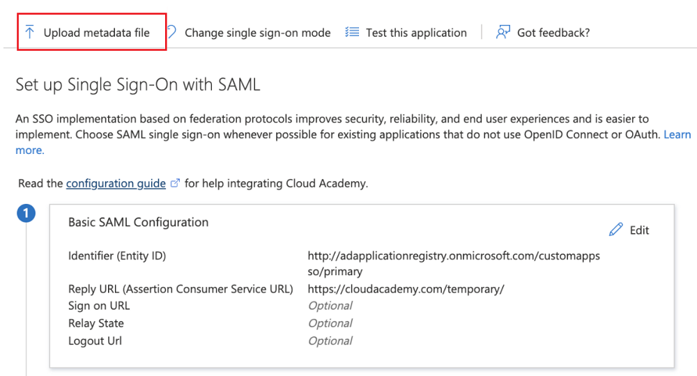 Screenshot that shows uploading the metadata in the Azure application.