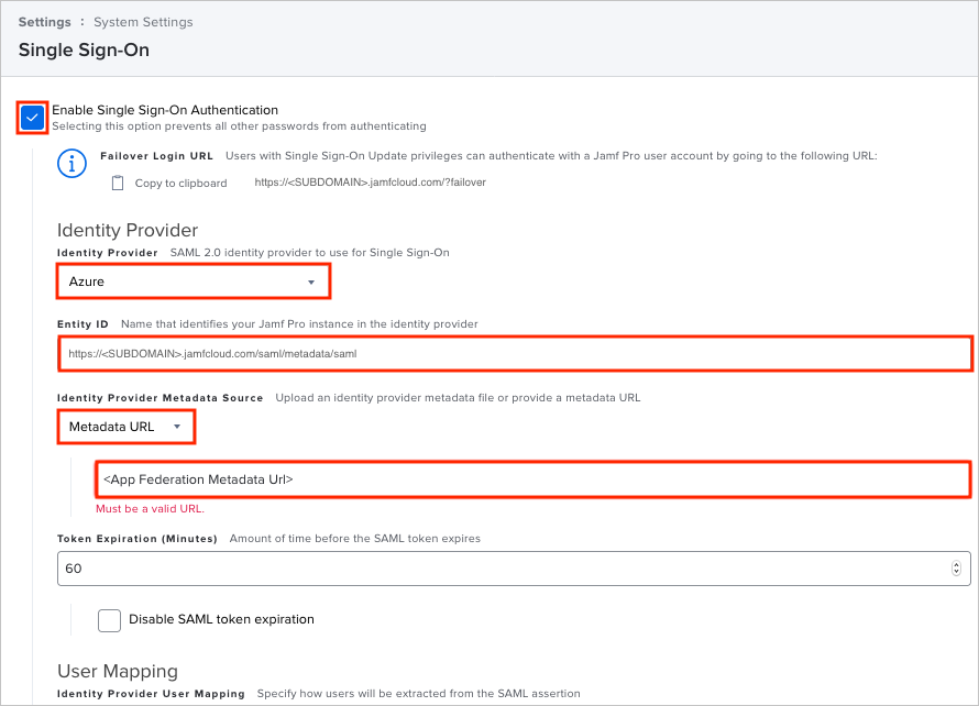The Single Sign-On page in Jamf Pro