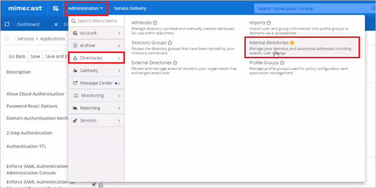 Screenshot shows the SAML Configuration for Mimecast where you can enter the values described.