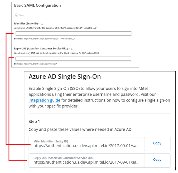 Screenshot shows the relation between pages in the CloudLink Accounts portal and the Azure portal.