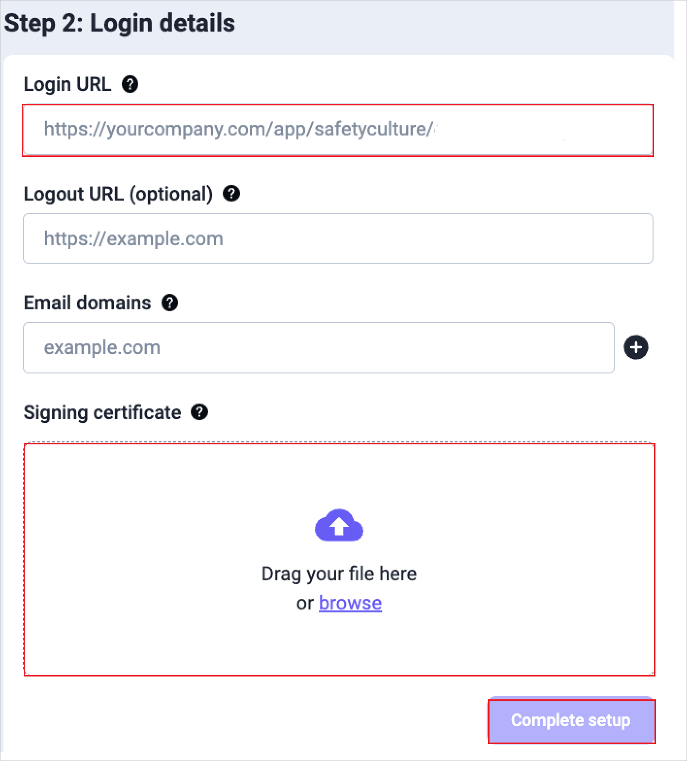 Screenshot shows the login details step of SafetyCulture's SSO setup.