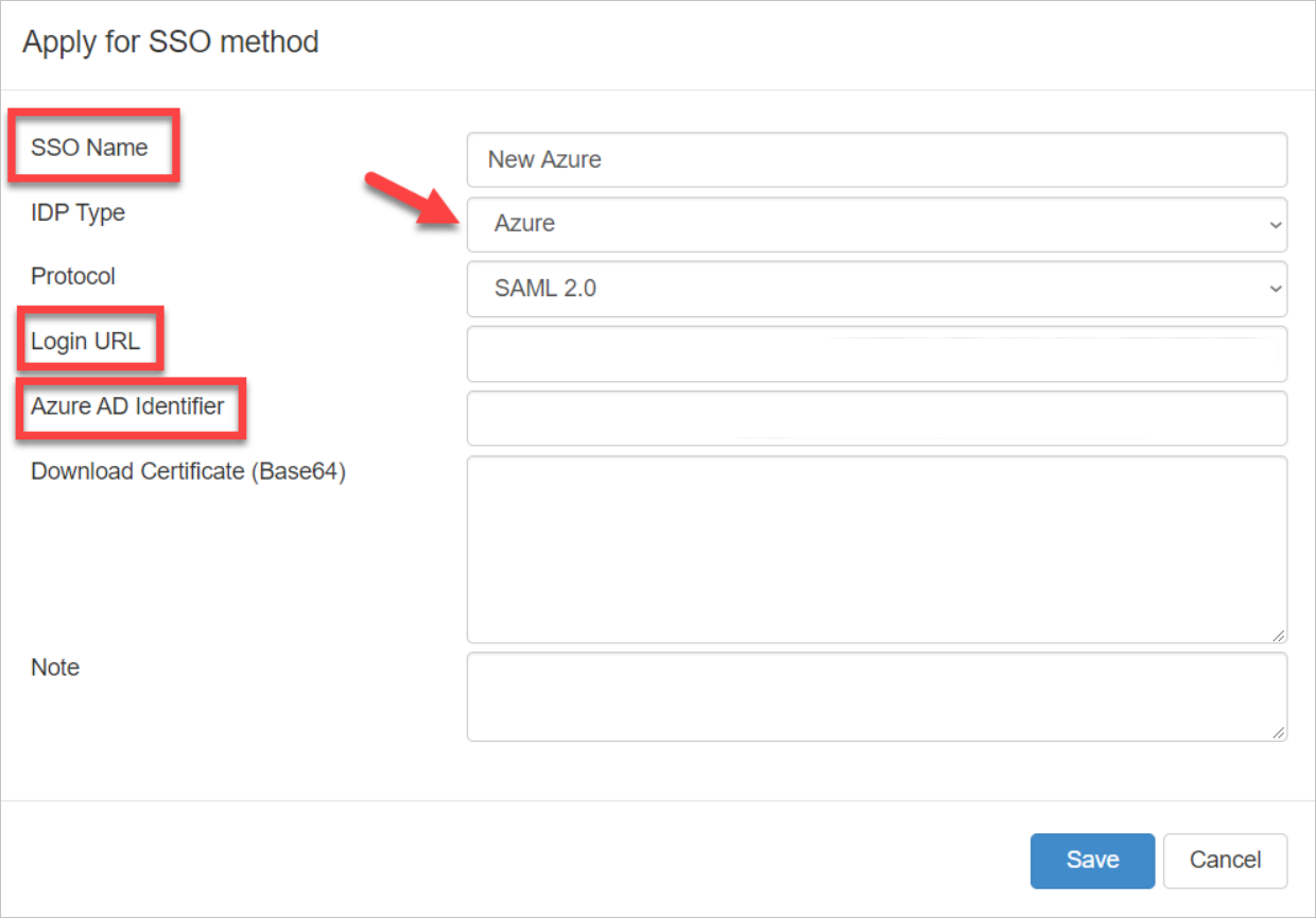 Screenshot shows the Apply for S S O method page where you can enter a name and other information.