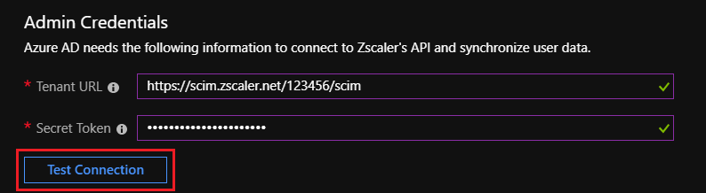 Screenshot of the Admin Credentials section with the Test Connection option called out.