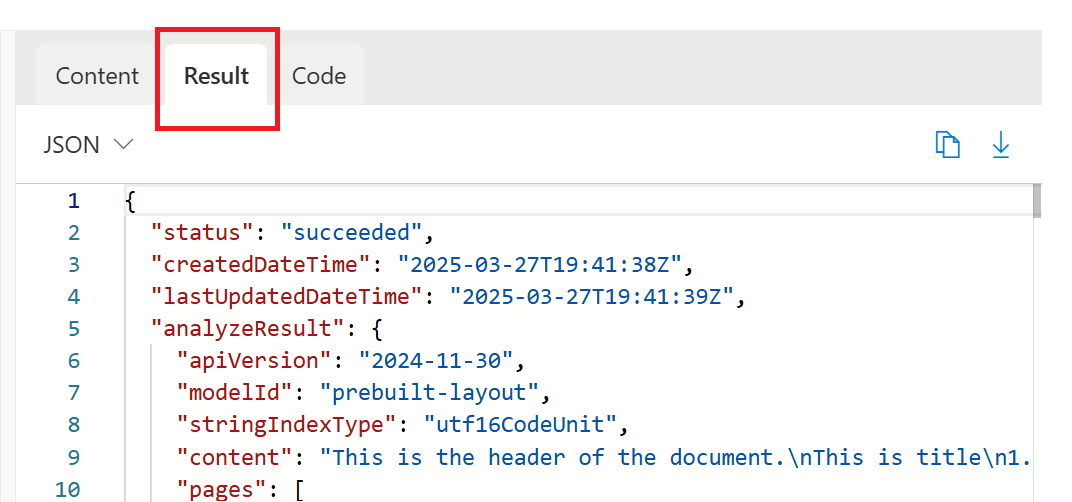 Skärmbild som visar resultat på fliken JSON-utdata i Document Intelligence Studio.