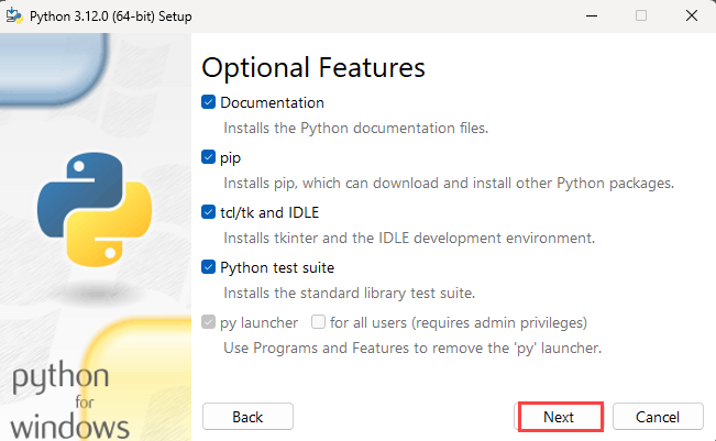 Screenshot of Install Python step 2 with optional features.