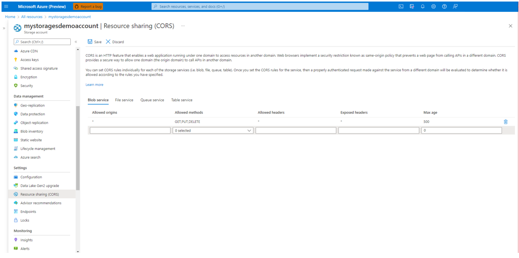 En skärmbild som visar hur du använder CORS för lagringskonton.