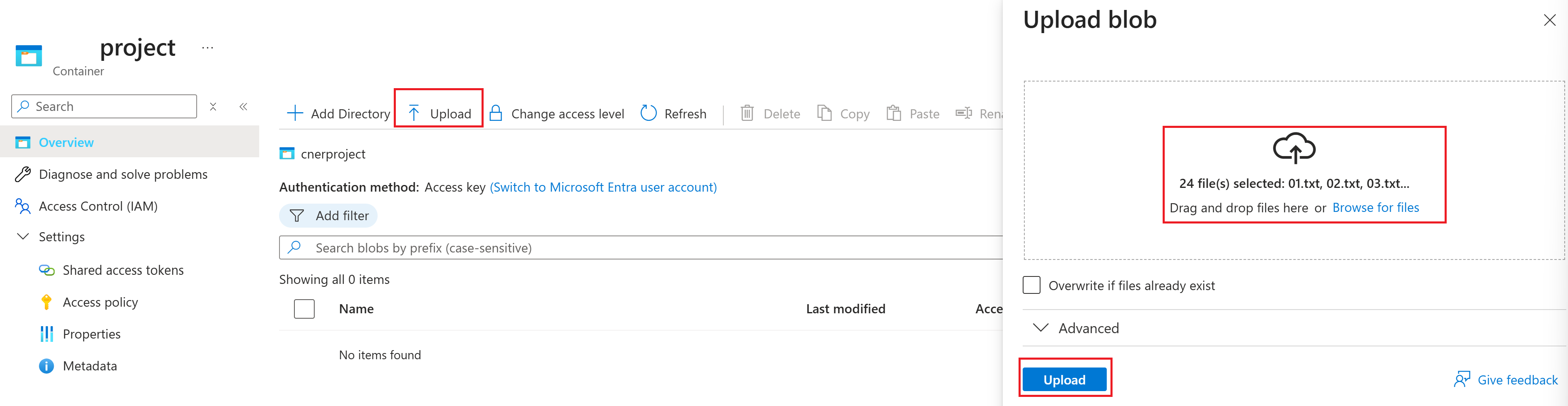 En skärmbild som visar knappen för att ladda upp filer till lagringskontot.