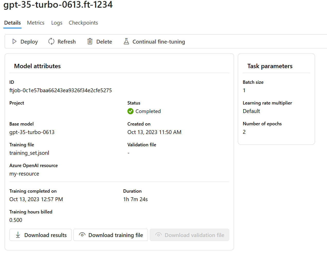 Skärmbild av fönstret Modeller i Azure OpenAI Studio med en anpassad modell som visas.