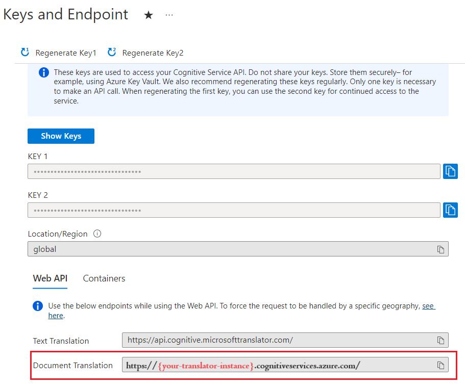 Screenshot to document translation key and endpoint location in the Azure portal.
