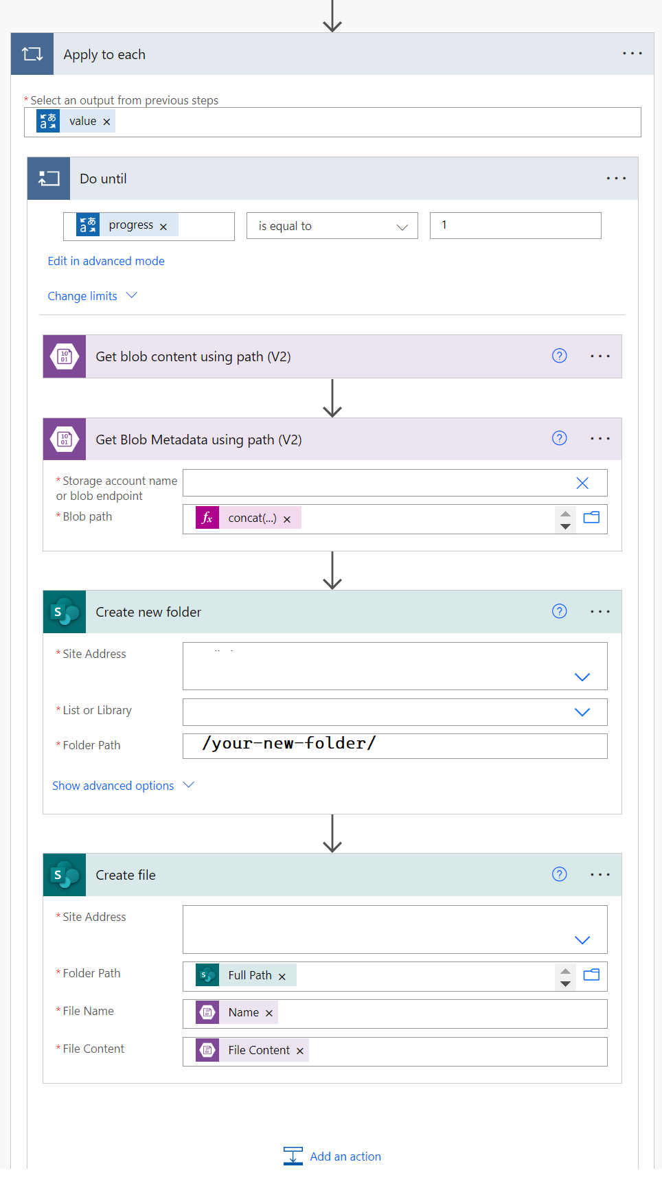 Screenshot showing the Apply to Each step sequence.