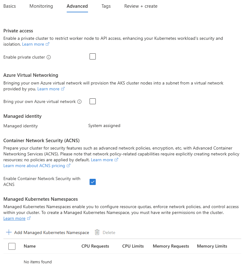 Skärmbild av fliken Avancerat när du skapar ett AKS-automatiskt kluster i Azure-portalen.