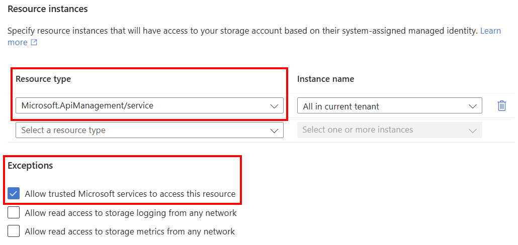Skärmdump av betrodda anslutningsinställningar till Azure Storage i portalen.