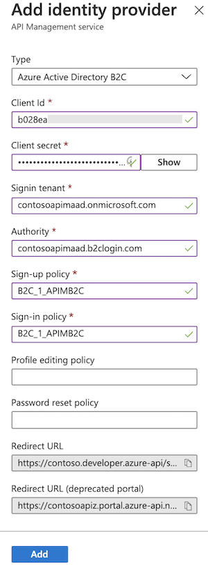 Skärmbild av konfigurationen av Active Directory B2C-identitetsprovidern i portalen.
