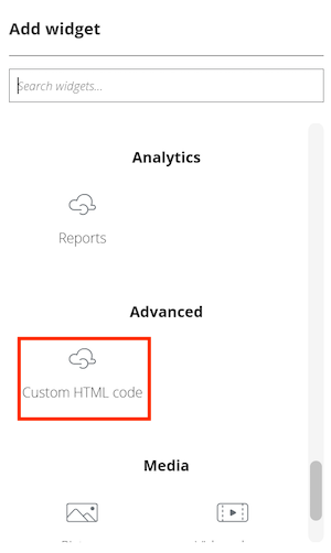 Skärmbild som visar hur du lägger till en widget för anpassad HTML-kod i utvecklarportalen.