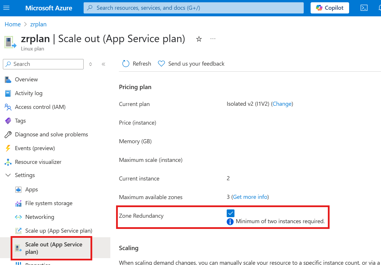 Skärmbild av zonredundansegenskap för en App Service-plan i Azure portal.