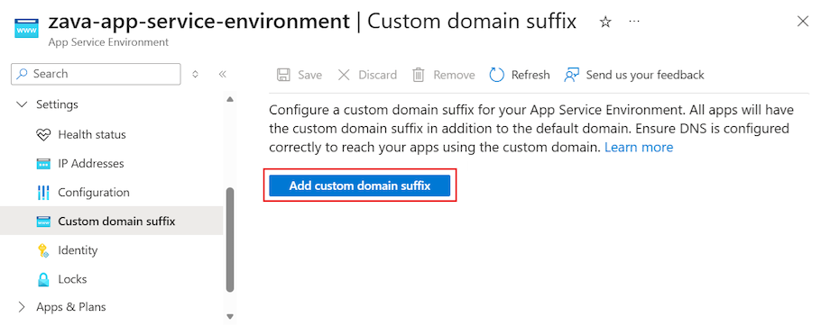 Skärmbild som visar hur du lägger till ett anpassat domänsuffix för App Service Environment i Azure-portalen.