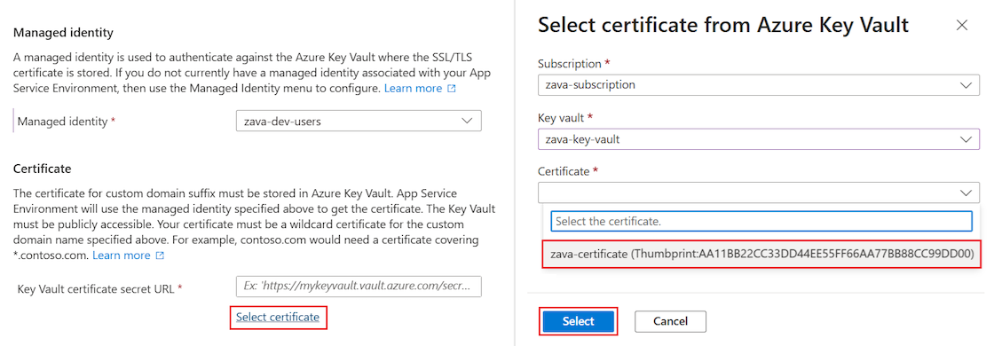 Skärmbild som visar hur du väljer det certifikat som ska användas för det anpassade domänsuffixet i Azure-portalen.