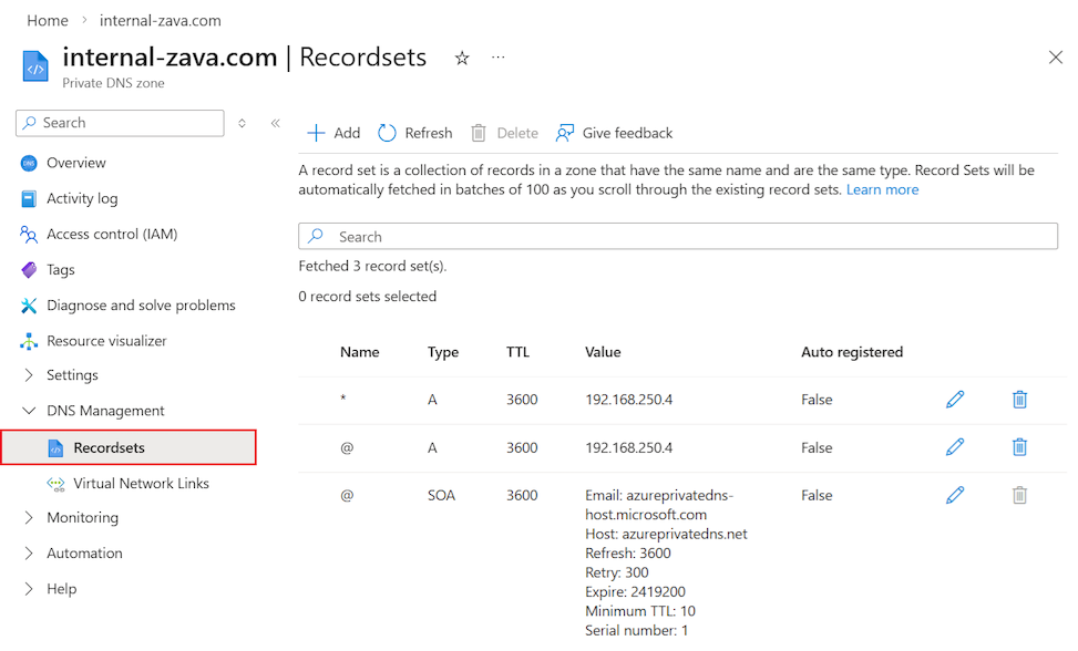 Skärmbild som visar postuppsättningar för privat DNS-zon i Azure-portalen.