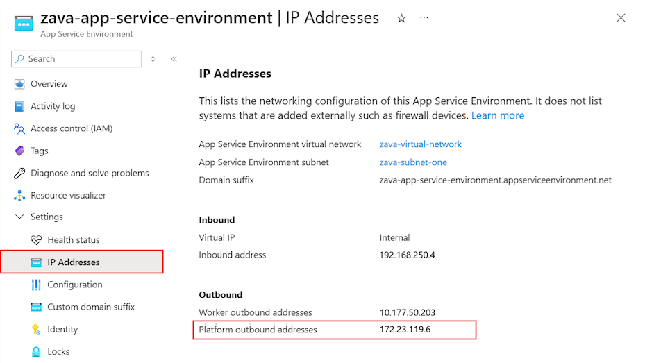Skärmbild som visar hur du hittar plattformens utgående adresser för App Service Environment i Azure-portalen.