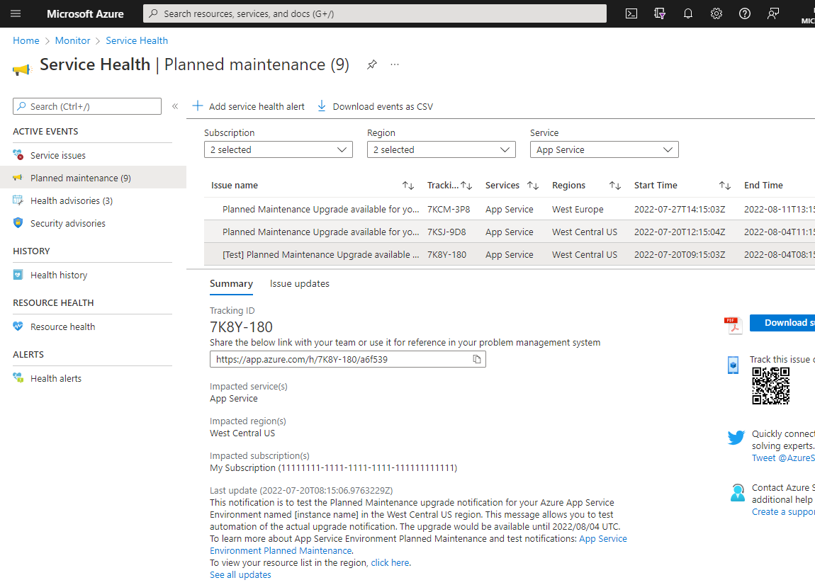 Skärmbild av instrumentpanelen för Service Health i Azure Portal.
