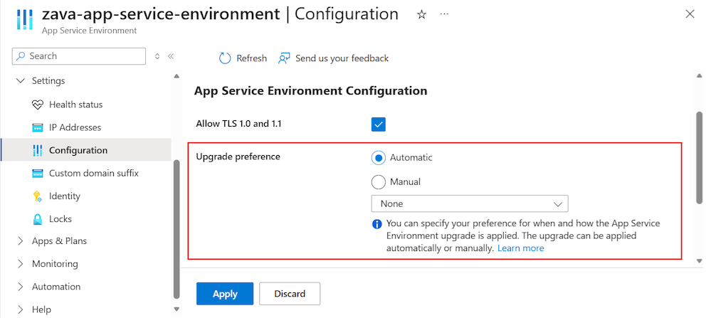 Screenshot som visar hur du anger uppgraderingsinställningen för en App Service Environment i Azure portal.