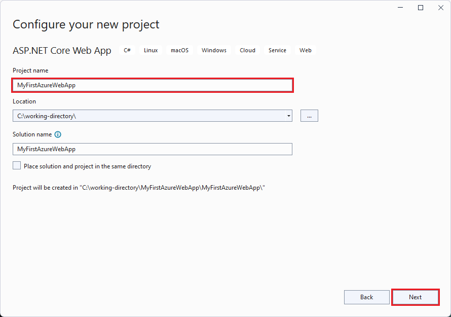 Skärmbild av Visual Studio – Konfigurera ASP.NET 7.0-webbapp.
