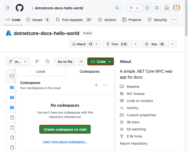 Skärmbild som visar hur du skapar ett kodområde i den förgrenade GitHub-lagringsplatsen dotnetcore-docs-hello-world.