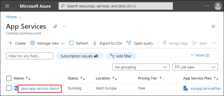 Skärmbild av App Services-listan i Azure. Namnet på demoapptjänsten är markerat.
