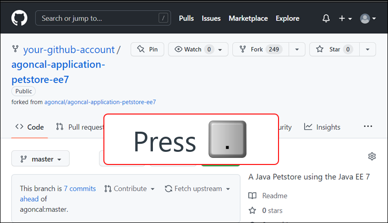 Skärmbild av förgrenad GitHub-lagringsplats med en kommentar för att trycka på periodnyckeln.