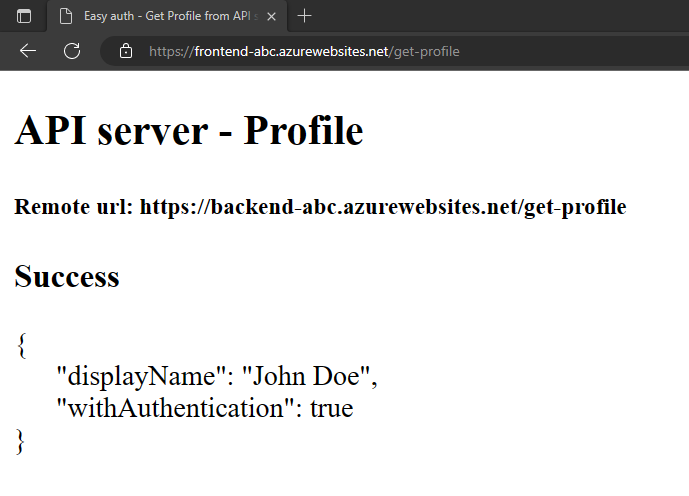 Skärmbild av webbläsaren som visar klientdelsprogrammet efter att ha fått en falsk profil från serverdelsappen.