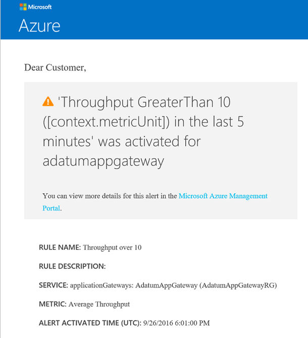 Skärmbild av e-postavisering för tröskelvärde som överskridits.
