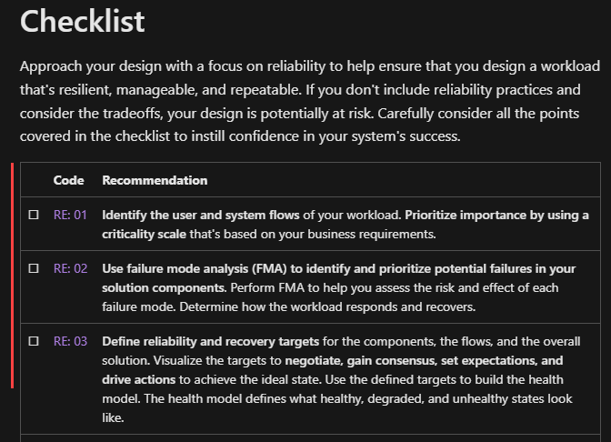 Skärmbild som visar en checklista för Well-Architected Framework.