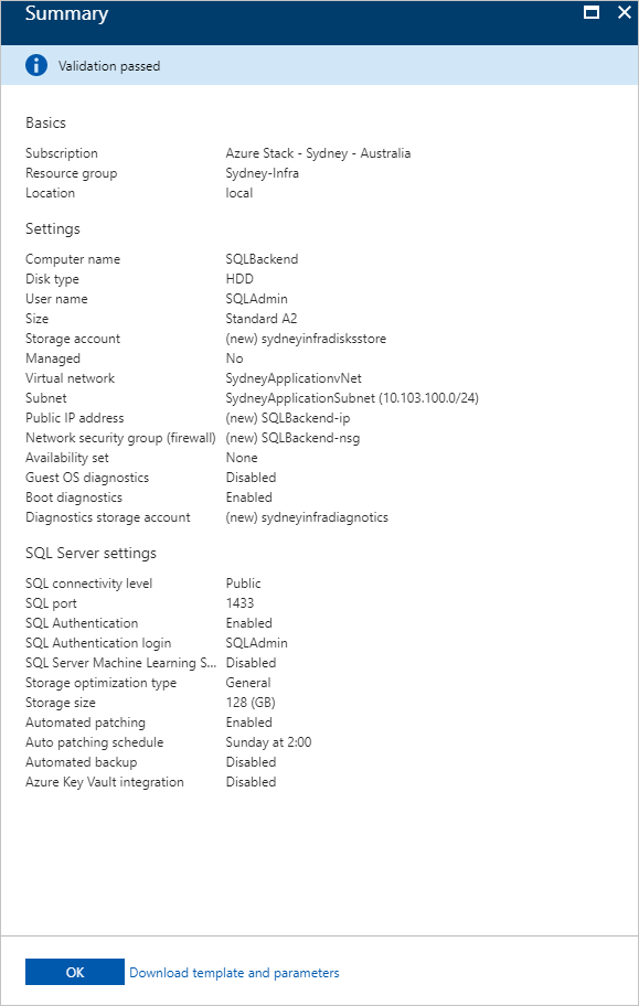 Skärmbild som visar konfigurationssammanfattningen i Azure Stack Hub-användarportalen.