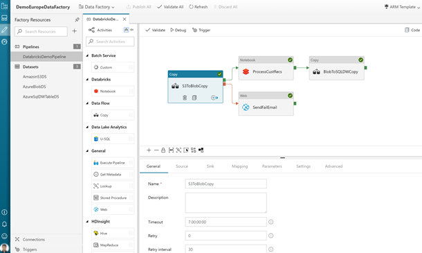 Data Factory-gränssnittet som visar databricks notebook-aktivitet.