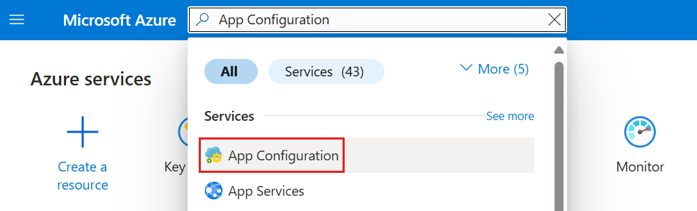 Skärmbild av Azure Portal som visar App Configuration-tjänsten i sökfältet.