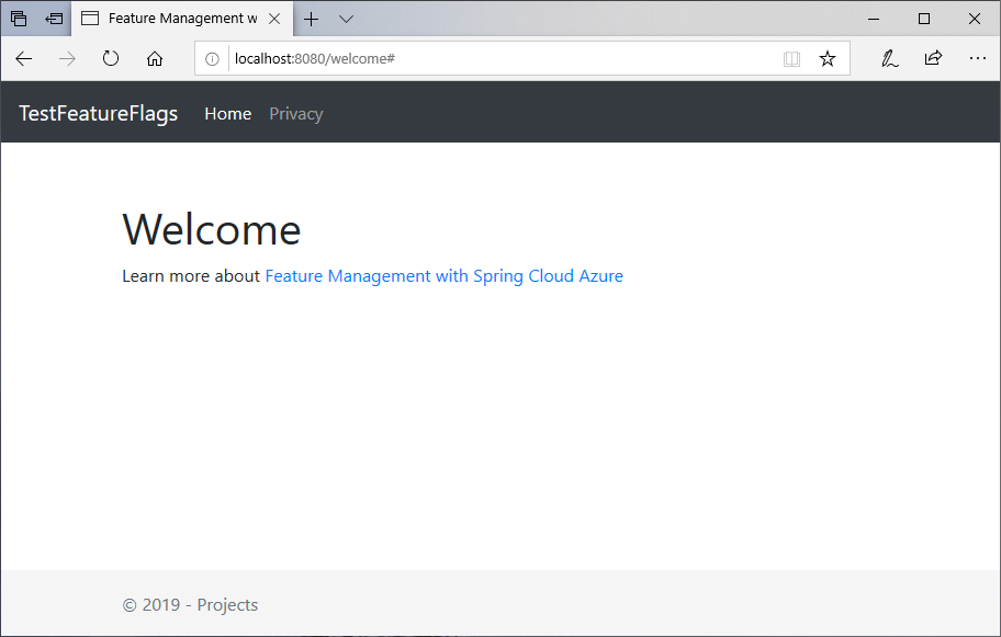 Skärmbild som visar ett webbläsarfönster med ett välkomstmeddelande.