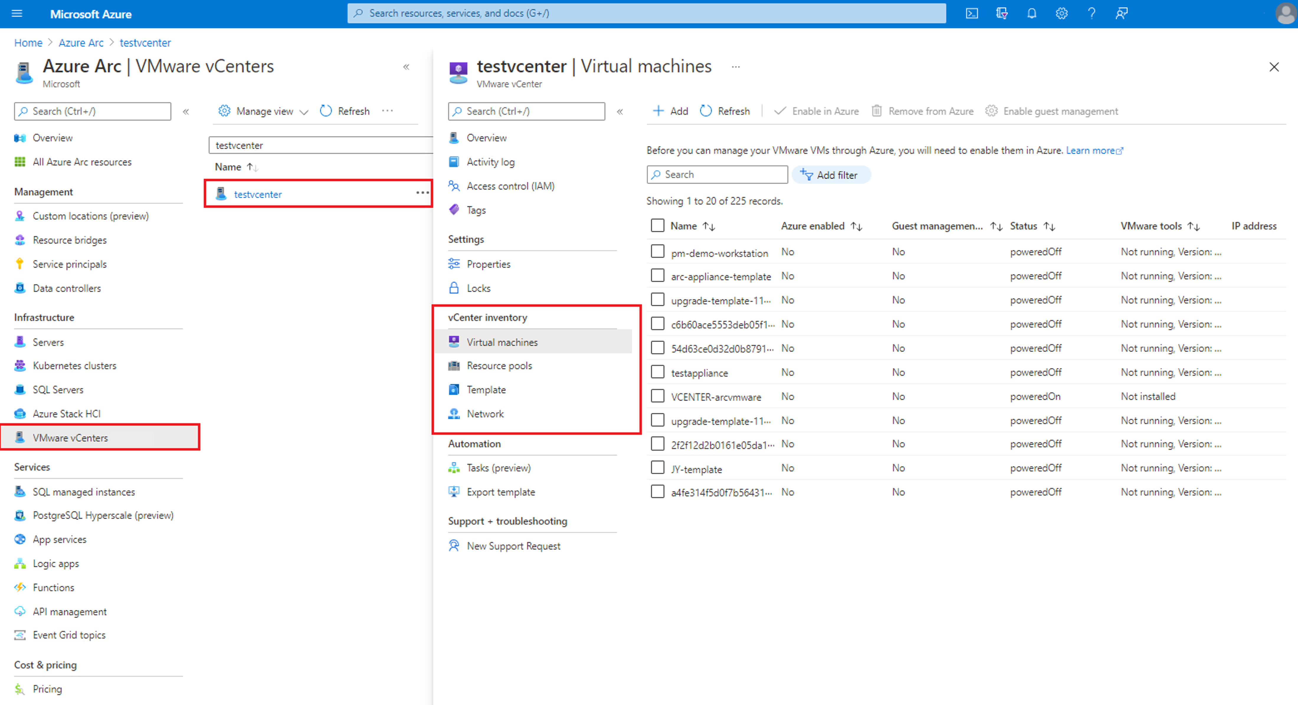 Skärmbild av var du kan bläddra i VMware-inventeringen från Azure Portal.