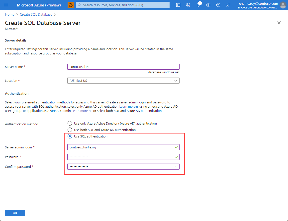 Skärmbild av autentiseringsinformationen för en Azure SQL-resurs.